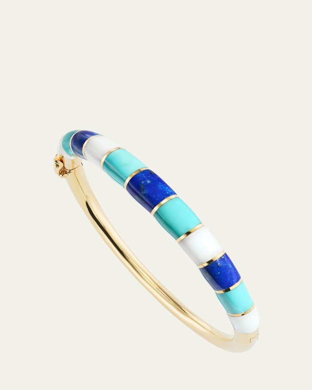 18K Yellow Gold Chunky Inlay Bangle Bracelet with Lapis, Turquoise and White Onyx